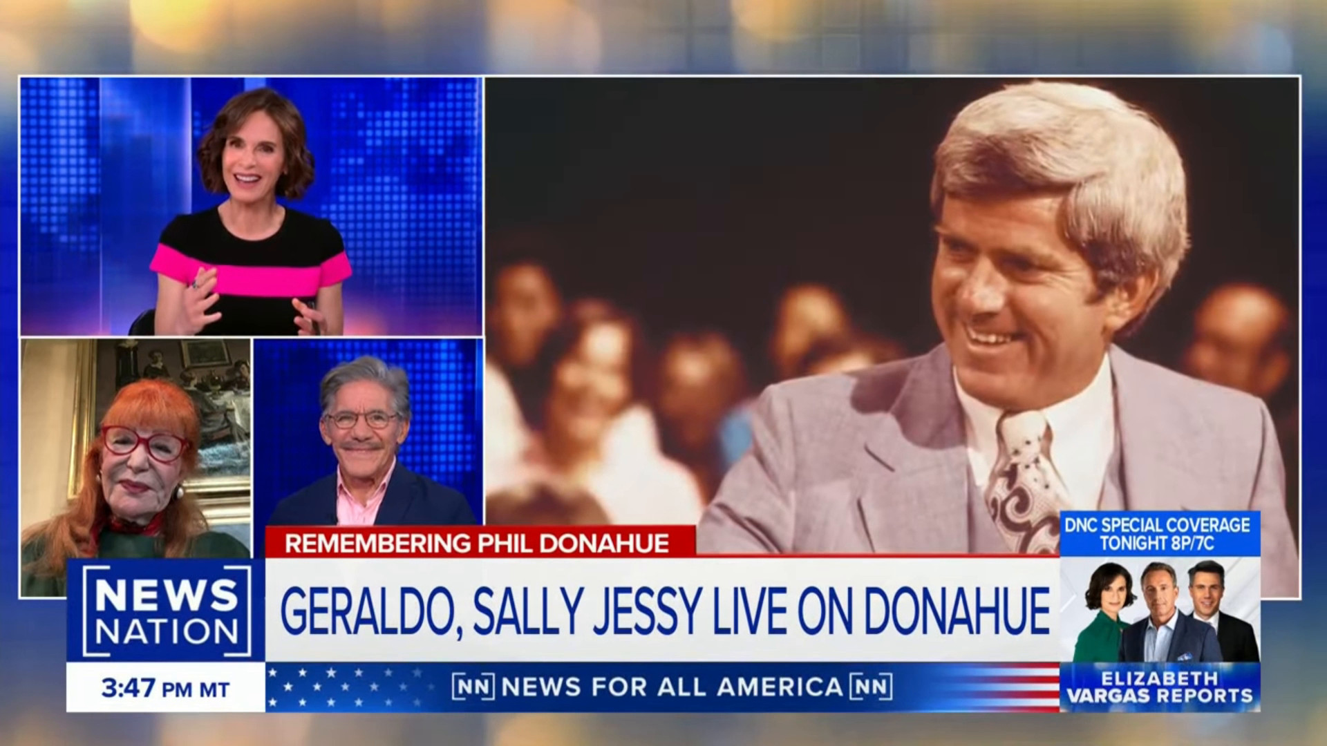 Geraldo, Sally Jessy, Elizabeth Vargas with picture of Phil Donahue